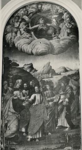 Foto Ottica Ciocci — Anonimo marchigiano sec. XVI - Cristo consegna le chiavi a san Pietro, Dio Padre benedicente in gloria — insieme